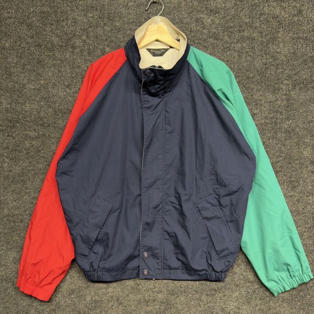 VTG Christian Dior Jacket Mens Large L Navy Teal Red Colorblock Windbreaker 90s